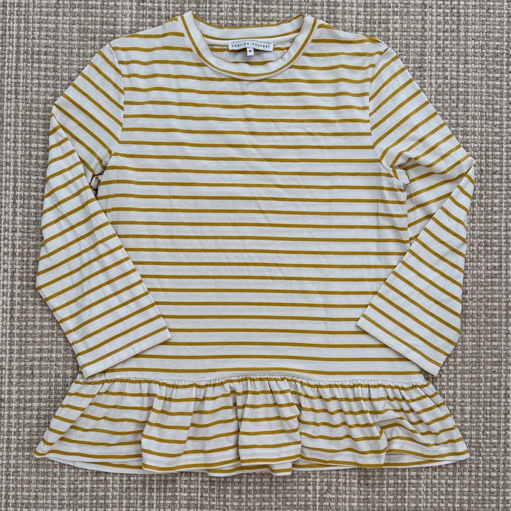 English Factory Women’s Size Medium Striped Yellow and White Peplum Top